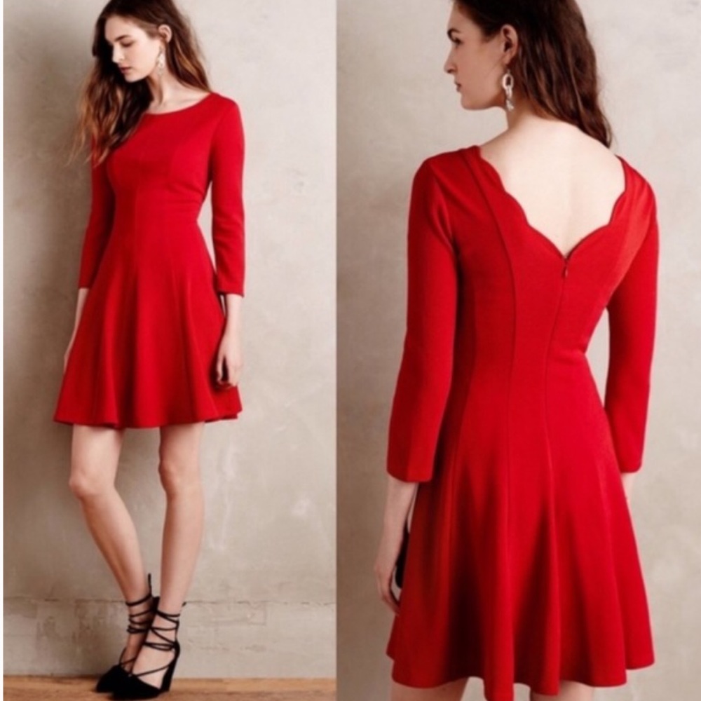 ANTHROPOLOGIE Sunday in Brooklyn Scalloped Fit and Flare Holiday Dress Red S